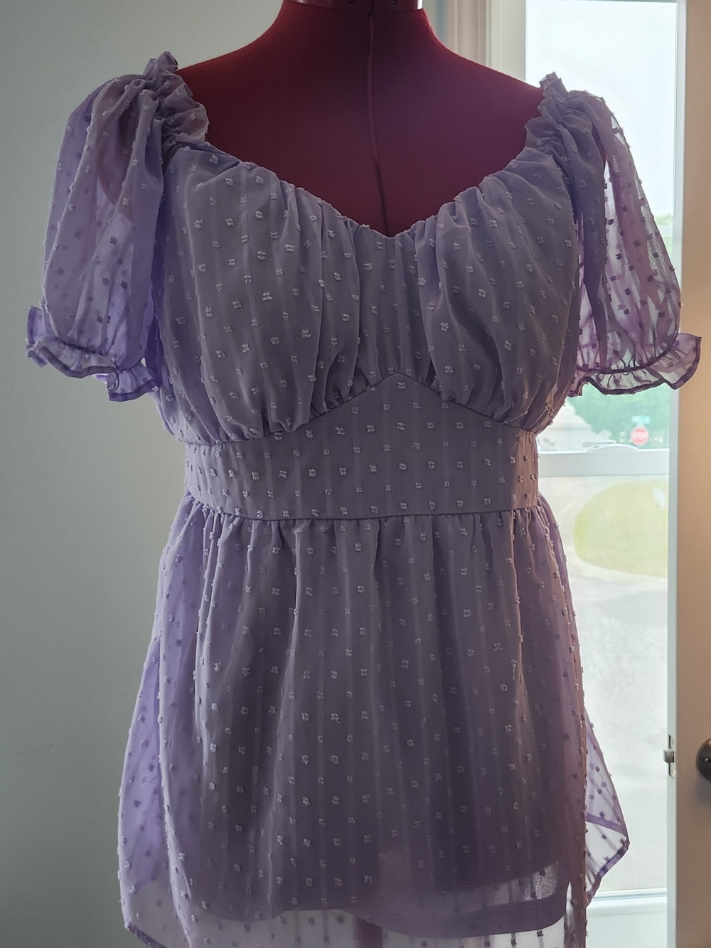 NWT Maternity Lavender Swiss Dot Puff Sleeve Peplum Top